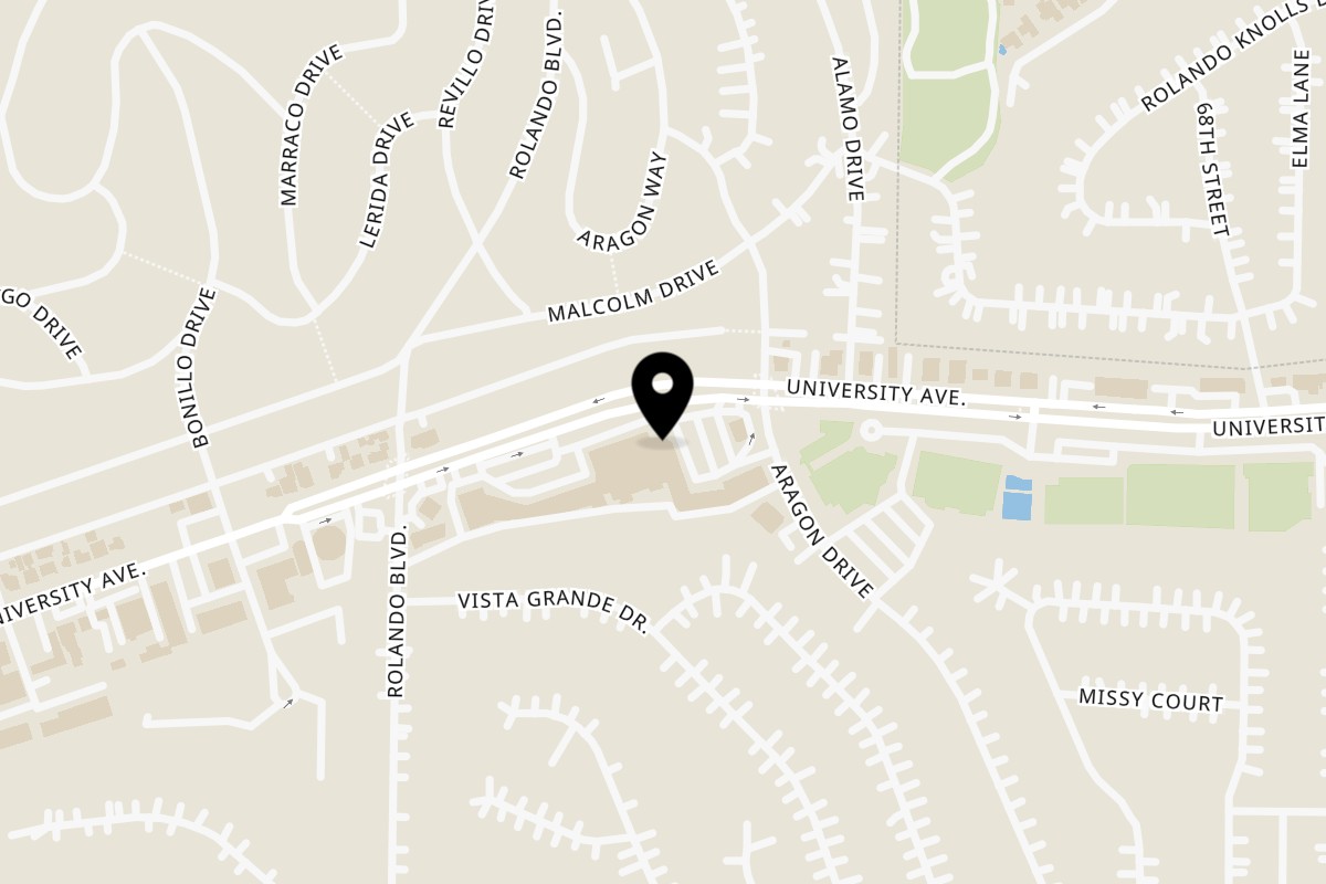 Map showing the location of Bisbas Restaurant on 6511 University Ave in San Diego